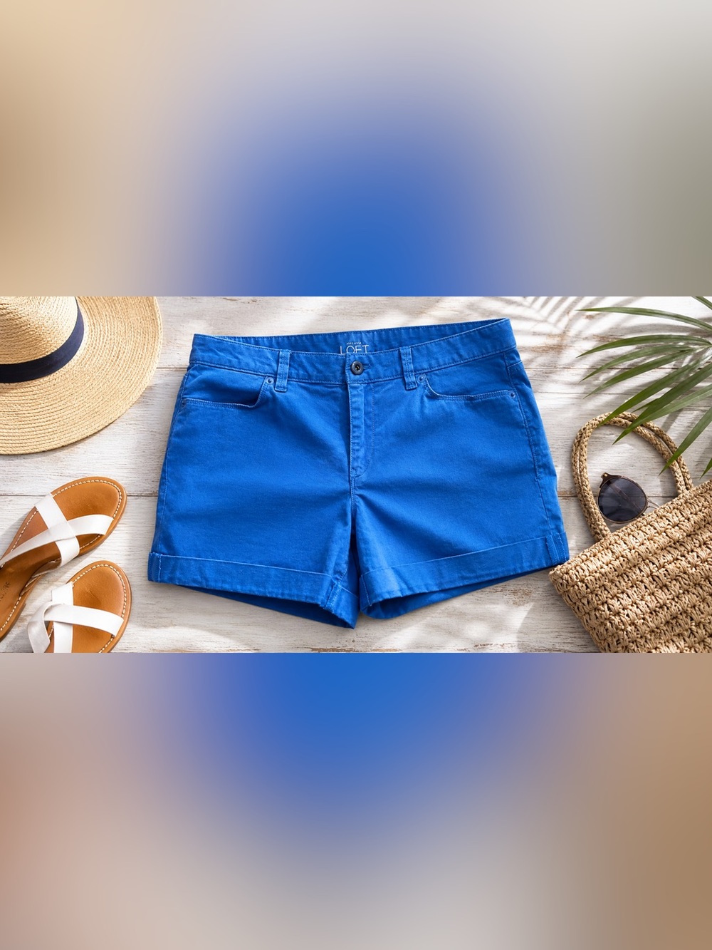 LOFT Cobalt Blue Women’s Chino Cuffed Hem Shorts Size 8 Cute Coastal Y2K July 4 - Picture 2 of 8